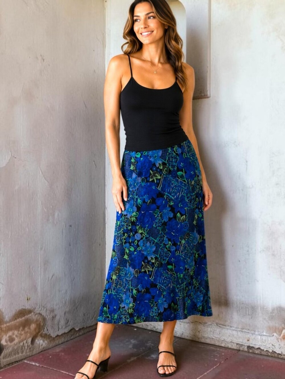 Vikki Vi Ve Ve Collection Slinky Skirt 1X Blue Floral Travel Knit Pull Midi Maxi